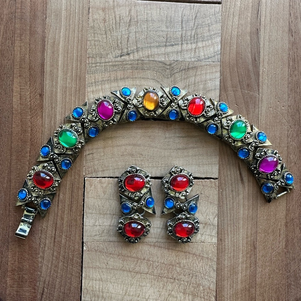 VTG‎ Byzantine Etruscan Mogul Cabs Bracelet  7 Inch w Earrings Multicolor Ornate